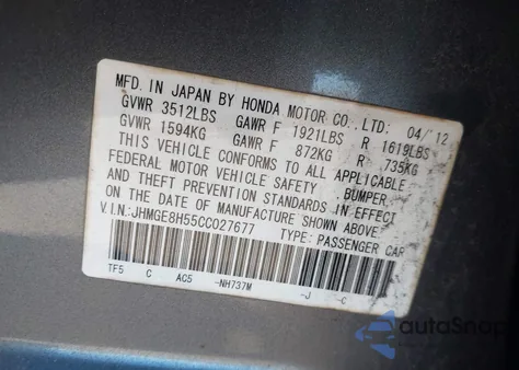 2012 Honda Fit Sport from USA, damaged, VIN JHMGE8H55CC027677